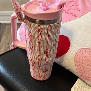 Beaded Pink and White Tumbler with Handle rhinestones nwt vday cutie